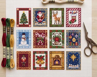 Weihnachtsklassiker-Kreuzstichmuster, 12 Mini-Stickereien, festliche Patchworkdecke, Weihnachtsmann, Nussknacker, Rentier, Volkskunst, Zählmuster-PDF