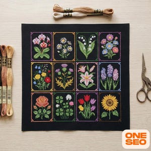 Floral Folk Art Cross Stitch Pattern - Modern Botanical Sampler - Multi Color Palette Chart - Symbol Instruction Digital Download
