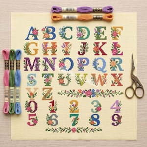 May include: A cross-stitch sampler on cream fabric featuring the alphabet and numbers zero through nine, each decorated with floral motifs. Three skeins of embroidery floss in pink, green, and blue are on the left, with stork-shaped scissors on the right.