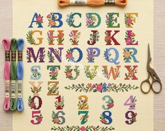 Buntes florales Alphabet-Kreuzstichmuster, Großbuchstaben-Zahlen-Stickerei, botanische Ranken, Frühlingsblumen, Zählmuster-Kreuzstich (PDF)