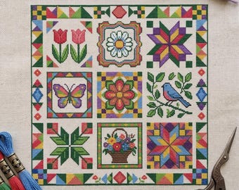 Spring Patchwork Quilt Cross Stitch Pattern - Floral Block Sampler  - Butterfly Bird Tulip Basket - Colorful Springtime Chart PDF