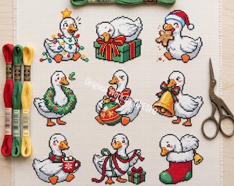 Kreuzstichmuster „Lustige Weihnachtsgänse“, 9 Mini-Enten, festliches Weihnachtsmotiv, Lebkuchen-Weihnachtsstrumpf, Bilderbuch, Zählmuster-PDF