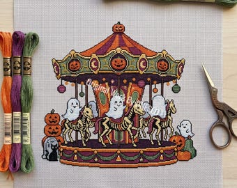 Haunted Carnival Ghost Carousel Cross Stitch Pattern, Creepy Kawaii Skeleton Horse Magic Pumpkin Folk Art Sampler, Counted Stitch Chart PDF