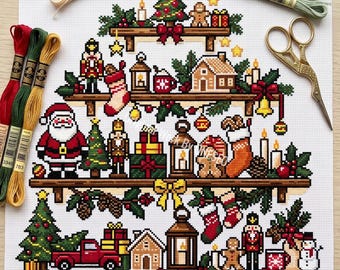 Christmas Shelves Cross Stitch Pattern, winter shelf sampler, Santa nutcracker gingerbread house red truck stocking lantern, Chart PDF