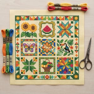 Sommer Quilt Block Kreuzstich Muster - Helles Patchwork Sampler PDF - 9 Grid Tropische Früchte Wassermelone Tukan Sonnenblume Chart PDF
