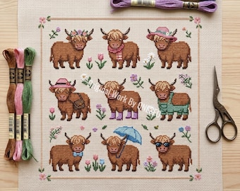 kawaii highland cow sampler kruissteekpatroon, 9 mini boerderijdierenmotieven bloemen sampler, leuke inrichting kinderkamer getelde steekkaart pdf