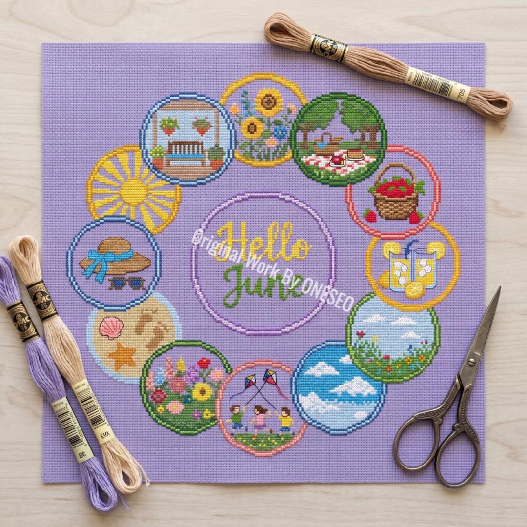 Hello June Cross Stitch Pattern | Summer Beach Wreath | Ocean Holiday ...