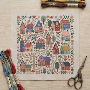 Village Cross Stitch Pattern PDF - Folk Art Houses and Flowers - Whimsical Town Sampler - Colorful Cottage Garden Chart