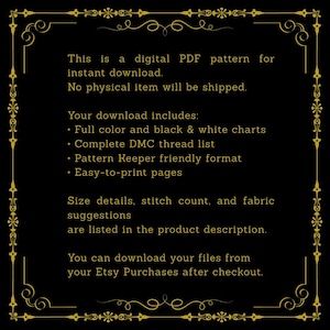 May include: A digital PDF pattern for instant download, with no physical item shipped. Includes full color and black & white charts, a DMC thread list, and is Pattern Keeper friendly. Size details and fabric suggestions are in the product description.