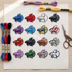 Pode incluir: Um quadrado de tecido Aida branco com um padrão de ponto cruz de dezasseis peixes betta de várias cores e padrões, dispostos numa grelha quatro por quatro. Meadas de fio de bordar azul, vermelho, preto, amarelo, roxo e uma tesoura.