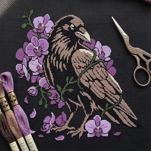 Raven and Purple Orchid Cross Stitch Pattern, Gothic Crow Embroidery (PDF)