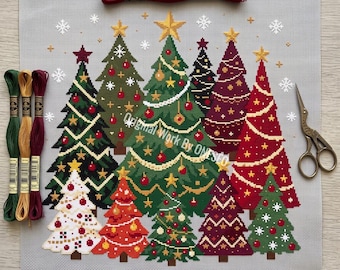 Christmas Tree Cross Stitch Pattern, winter forest sampler, colorful evergreen pine spruce fir star garland bauble snowflake, Counted PDF