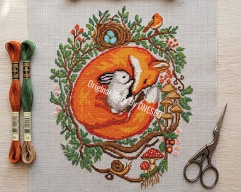 Sleeping Fox and Bunny Cross Stitch Pattern, Cozy Woodland Animal Floral Mushroom Wreath Decor, Cute Cottagecore Counted Stitch Chart PDF