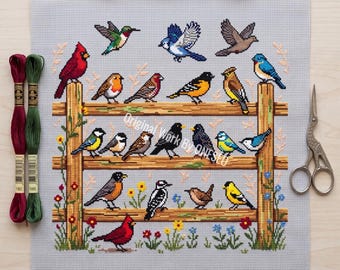 Wooden Fence Bird Cross Stitch Pattern, backyard nature sampler, floral cardinal blue jay robin goldfinch hummingbird dove,Counted Chart PDF