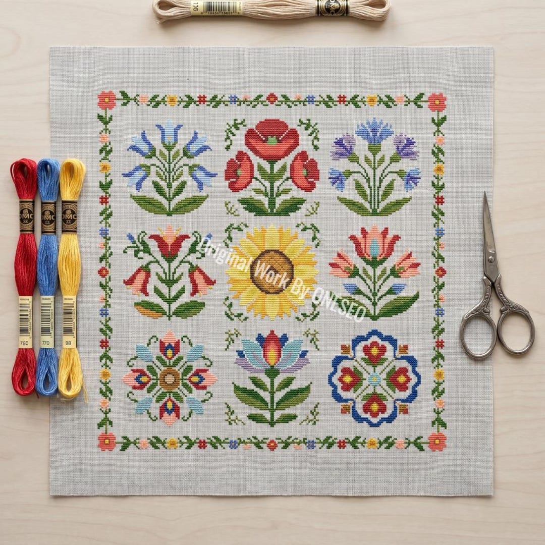 Summer Folk Art Floral Sampler Cross Stitch Pattern - Bright Botanical ...