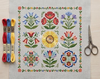 Zomer volkskunst bloemen sampler kruissteekpatroon - heldere botanische zonnebloem klaproos korenbloem - Cottagecore Nature Decor-kaart pdf