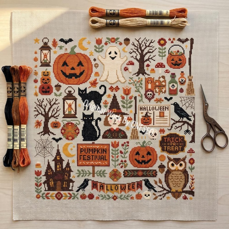 May include: A cross-stitch sampler on light fabric featuring Halloween motifs including pumpkins, a ghost, black cats, an owl, a witch, a haunted house, and text reading Pumpkin Festival, Halloween, and Trick or Treat, with embroidery floss and scissors.