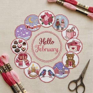 Olá Fevereiro - Padrão de Ponto Cruz | Amostra para o Dia dos Namorados | Calendário do Amor de Inverno | Gráfico em PDF de Coração, Chocolate e Rosa