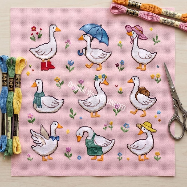 May include: Cross-stitch pattern featuring nine geese, each adorned with unique accessories like boots, hats, and a scarf. The geese are set against a pink background with floral accents. Embroidery floss and scissors are visible.