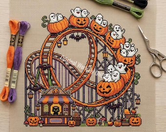 Halloween Carnival Roller Coaster Cross Stitch Pattern, Spooky Ghost Pumpkin Cart Ticket Booth Folk Art Sampler, Counted Stitch Chart PDF