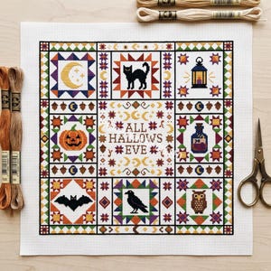 All Hallows Eve Cross Stitch Pattern, 9 mini spooky eve sampler, halloween quilt block, autumn jack o lantern cat bat owl potion, Patterns