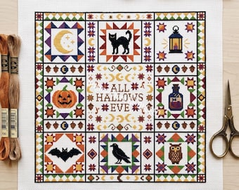 All Hallows Eve Cross Stitch Pattern, 9 mini spooky eve sampler, halloween quilt block, autumn jack o lantern cat bat owl potion, Patterns