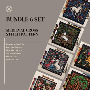May include: A set of six medieval cross-stitch patterns, each depicting a different scene, including unicorns and a lady with a unicorn. The patterns are shown with embroidery threads and scissors. The text reads 'Bundle 6 Set'.