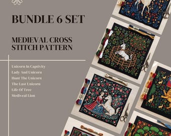 Bundel 6 set middeleeuws tapijt kruissteekpatroon - eenhoorn in gevangenschap Lady Hunt Tree Lion Historic Dark Academia Wall Art Chart PDF