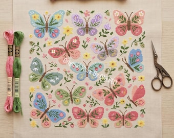 Lente pastel vlinder kruissteekpatroon, bloemen tulp madeliefje botanische tuin sampler, getelde kruissteek Cottagecore-kaart pdf