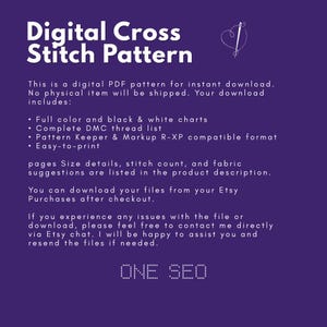 May include: A digital cross stitch pattern graphic on a purple background. The text reads "Digital Cross Stitch Pattern" in white. Additional text details the PDF download, including charts, thread lists, and easy printing. The Etsy shop name "ONE SEO" is at the bottom.