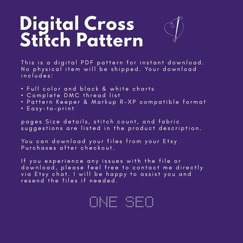 May include: A digital cross stitch pattern graphic on a purple background. The text reads "Digital Cross Stitch Pattern" in white. Additional text details the PDF download, including charts, thread lists, and easy printing. The Etsy shop name "ONE SEO" is at the bottom.