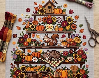 Autumn Shelves Cross Stitch Pattern, fall harvest shelf sampler, sleeping cat squirrel pumpkin sunflower birdhouse mushroom, chart PDF
