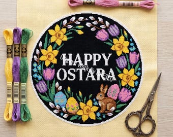 Happy Ostara Spring Equinox Wreath Cross Stitch Pattern - Easter Bunny Egg Daffodil Tulip Botanical Home Decor - Pagan Folk Art Chart PDF