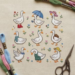 Dressed Goose Cross Stitch Pattern | 9 Mini Geese Motifs | Duck with Rain Boots | Flower Crown Bonnet Scarf PDF | Baby Room Decor Sampler