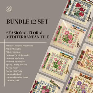 May include: A set of 12 seasonal floral Mediterranean tile cross-stitch kits. Each kit showcases a different flower design, such as amaryllis, camellia, jasmine, lavender, and sunflower. The kits include embroidery thread and small scissors.