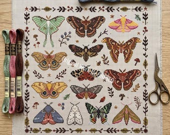 Cross Stitch Pattern Moth Collection, Botanical insect, Entomology Stitch, Goblincore Stitch, Woodland Nature Counted Cross Stitch PDF