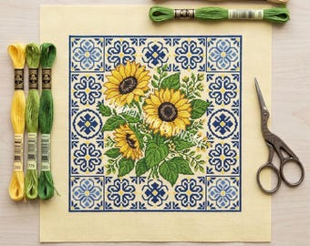 Summer Sunflower Mediterranean Tile Cross Stitch Pattern - Bright Yellow Botanical Floral Blue White Azulejo Ceramic Folk Art Chart PDF