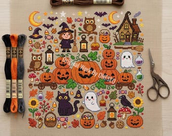 Halloween Jack O Lantern Cross Stitch Pattern, Magic Witch Spooky Haunted House Black Cat Ghost Folk Art Sampler, Counted Stitch Chart PDF
