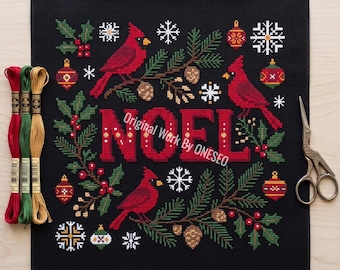 Noel Cardinal Cross Stitch Pattern, winter red bird sampler, Christmas evergreen pinecone branch holly berry bauble snowflake, Counted PDF