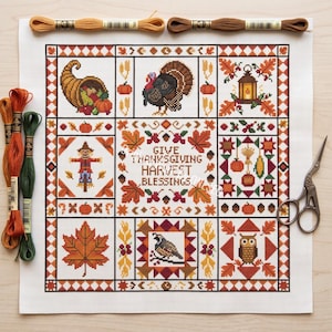 Thanksgiving Folk Art Cross Stitch Pattern, 9 mini , autumn harvest sampler, scarecrow turkey, quilt patchwork, Counted Cross Stitch PDF
