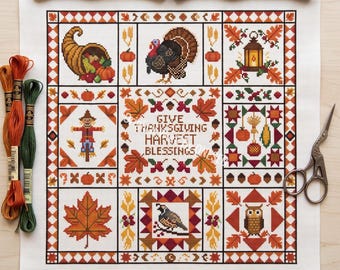 Kreuzstichmuster im Stil der Volkskunst zum Erntedankfest, 9 Mini-Stickmuster, Herbsternte-Stickerei, Vogelscheuche mit Truthahnmotiv, Patchwork-Stickerei, PDF-Datei zum Zählen von Kreuzstichmotiven