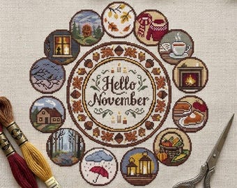 November Monthly Cross Stitch | Hello Autumn Medallion Sampler Pattern | Cozy Season Fall Landscape | Fall Leaves Thanksgiving Chart PDF