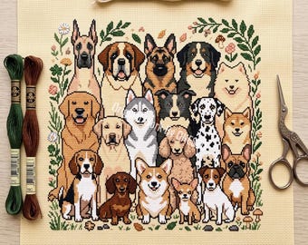 Dog Breeds Family Sampler Cross Stitch Pattern, Cute Puppy Pack Pet Portrait Rustic Folk Art Cottagecore, Counted Stitch Chart PDF