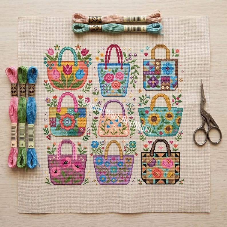 Puede incluir: Un patr&oacute;n de punto de cruz sobre tela beige que muestra nueve bolsos con dise&ntilde;os florales y geom&eacute;tricos. El conjunto incluye cinco madejas de hilo de bordar sueltas en rosa, verde y azul, y unas tijeras de bordar de metal.