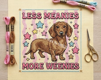 Less Meanies More Weenies kruissteekpatroon, grappige teckel hond pastel ster decor, schattig worstje huisdier portret getelde steekkaart pdf