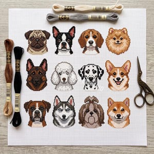 Raccolta di modelli per punto croce di razze canine, 12 volti di cuccioli in formato PDF, Dalmata, Carlino, Beagle, Corgi, Husky, schema a punto croce contato in PDF