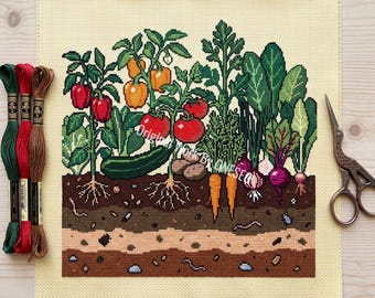 Vegetable Garden Cross Stitch Pattern, underground root sampler, tomato pepper cucumber carrot potato onion beet earthworm, Counted PDF