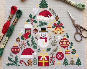 Merry Christmas Sampler Cross Stitch Pattern, winter tree silhouette, snowman santa hat stocking bauble bell gift gingerbread star holly