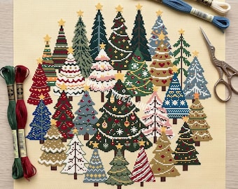 Woodland Christmas Tree Cross Stitch Pattern, winter evergreen forest sampler, vintage pine spruce fir, Nordic star topper bauble garland