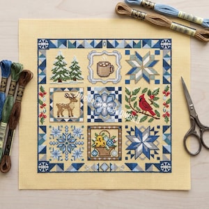 Winter Quilt Block Cross Stitch Pattern | Christmas Quilt Sampler | Red Cardinal Reindeer Snowflake Hot Cocoa Geometric Chart PDF